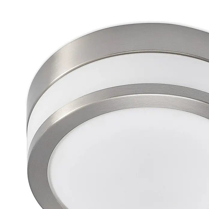 Lindby Deckenleuchte Flavi - L x B x H: 23 x 23 x 9 cm, alu / grau / zink, E27 - Runde Deckenleuchte mit gebürstetem Silbermetallrand und weißem Diffusor.