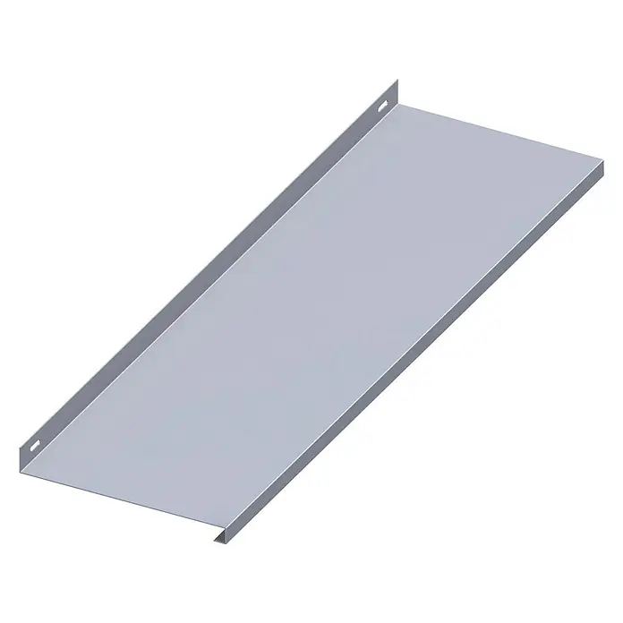 Kantoflex Coaxis Regalboden - 230 x 800 mm, Aluminium, Traglast: 30 kg, Unbehandelt - Das Bild zeigt ein graues, rechteckiges Kabelrinnen-Produkt mit Seitenwänden und Befestigungslöchern. Ideal für ordentliche Kabelführung.