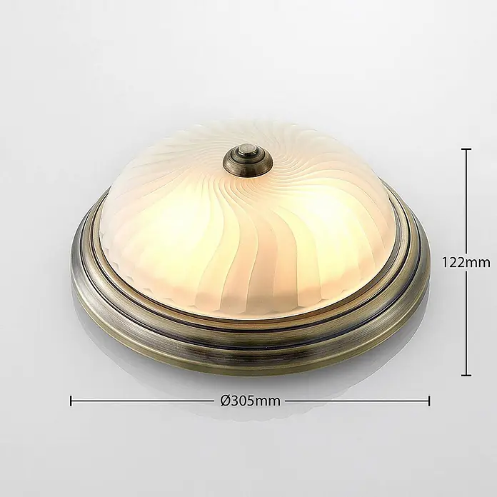 Lindby Deckenleuchte Pakka - bronze / altmessing, E27 - Messingfarbene Deckenleuchte mit mattiertem, spiralförmigem Glasschirm, beleuchtet. Ø305mm, 122mm hoch.