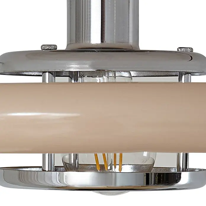 Lindby Deckenleuchte Branford - L x B x H: 35 x 35 x 16 cm, creme / amber, E27 - Moderne Lampe mit Chrom-Details und beigem zylindrischem Diffusor, die eine Glühbirne mit Glühfaden zeigt.