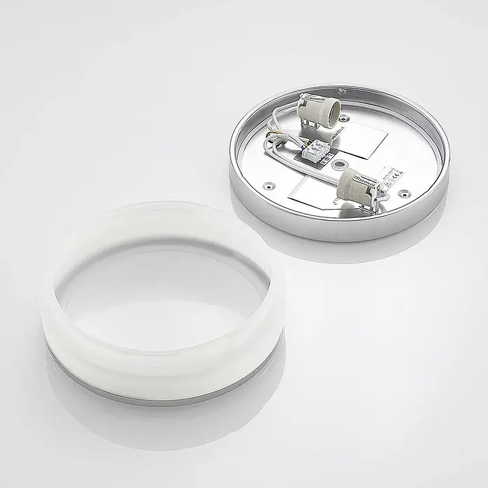 Lindby Deckenleuchte Flavi - L x B x H: 28 x 28 x 9 cm, chrom / silber, E27 - Demontierte runde Deckenleuchte mit Chromsockel, zwei E27-Fassungen, Verkabelung und einem separaten Diffusorring.