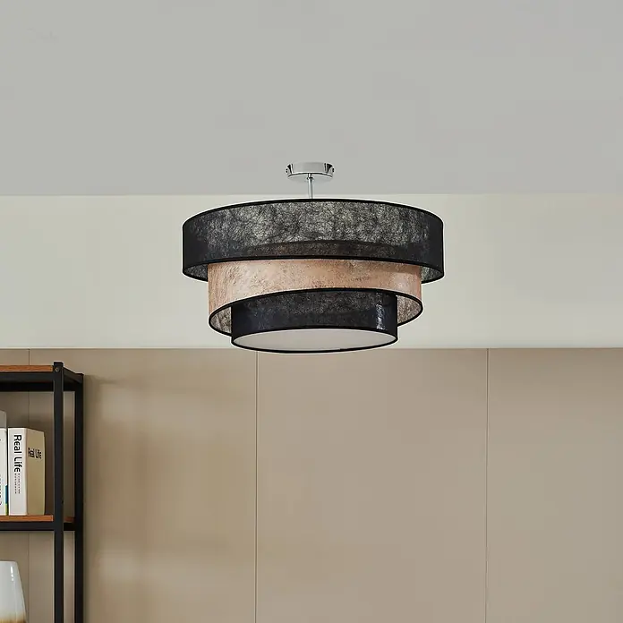 Lindby Deckenleuchte Ayvira - L x B x H: 56 x 56 x 24 cm, schwarz, E27 - Mehrstufige Deckenleuchte mit Chromfuß und drei runden Schirmen: schwarz transparent und kupferfarben texturiert.