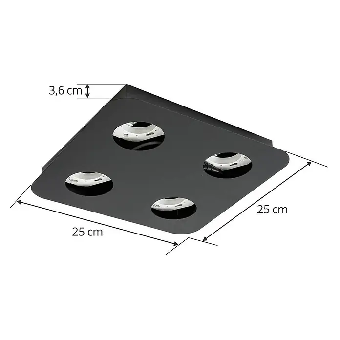 Lindby Deckenleuchte Jyla - L x B x H: 25 x 25 x 4,2 cm, schwarz, 2GX53 - Schwarze quadratische Deckenleuchte, 25x25 cm, mit vier Spots und 3,6 cm Höhe.
