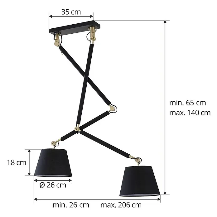 Lucande Deckenleuchte Marvaine - L x B x H: 64 x 26 x 140 cm, schwarz, schwarz, E27 - Verstellbare Pendelleuchte in Schwarz-Gold mit zwei Schirmen und ausziehbaren Armen. Höhe 65-140 cm, Breite 26-206 cm, Deckenplatte 35 cm.