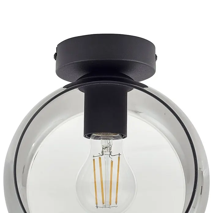 Lindby Deckenleuchte Roton - schwarz, alu / grau / zink, E27 - Schwarze Deckenleuchte mit klarem, kugelförmigem Glasschirm und sichtbarer LED-Glühbirne.