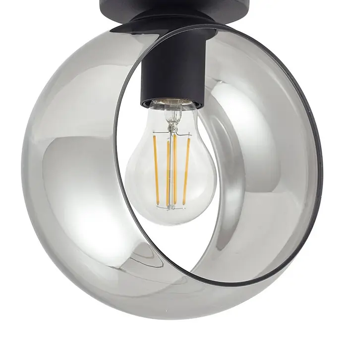 Lindby Deckenleuchte Roton - schwarz, alu / grau / zink, E27 - Schwarze Deckenleuchte mit offener Rauchglas-Kugel und sichtbarer LED-Filamentbirne.