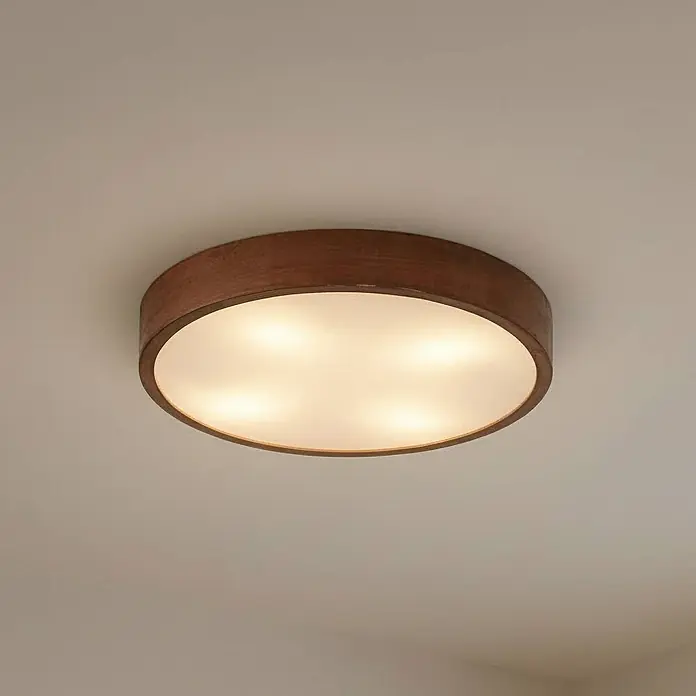 Lindby Deckenleuchte Tanju - Holz dunkel, E27 - Runde Deckenleuchte aus Holz mit weißem Diffusor, bündig montiert und beleuchtet.