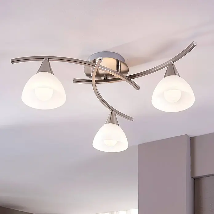 Lindby Deckenleuchte Della - alu / grau / zink, E14 - Moderne Deckenleuchte mit gebürstetem Metallrahmen und drei satinierten Glasschirmen.