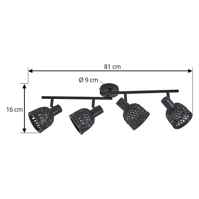 Lindby Deckenleuchte Eskil - schwarz, E14 - Schwarze Deckenleuchte mit vier geflochtenen Schirmen. 81 cm lang, 16 cm hoch, 9 cm Durchmesser der Basis.