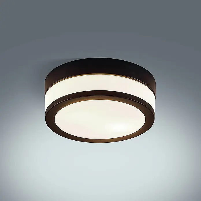Lindby Deckenleuchte Flavi - schwarz, E27 - Moderne runde Deckenleuchte mit dunkelbraunem Rahmen und weißen Diffusoren, seitlich und unten leuchtend.