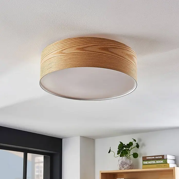Lindby Deckenleuchte Dominic - Holz hell, E27 - Runde Deckenleuchte aus Holz mit hellem Diffusor.