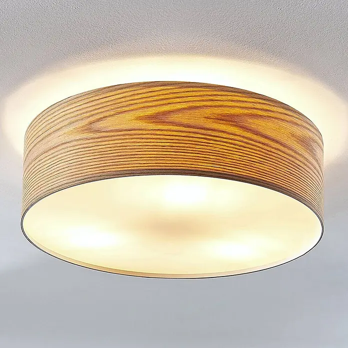 Lindby Deckenleuchte Dominic - Holz hell, E27 - Runde Deckenleuchte mit Holzoptik-Schirm, leuchtet nach oben und unten.