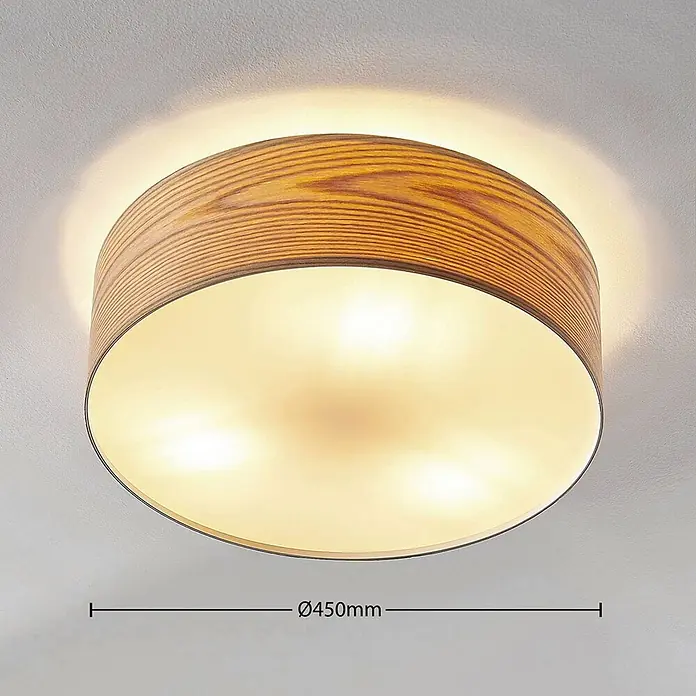 Lindby Deckenleuchte Dominic - Holz hell, E27 - Runde Deckenleuchte mit Holzrahmen und transluzentem Diffusor, beleuchtet, Ø450mm.