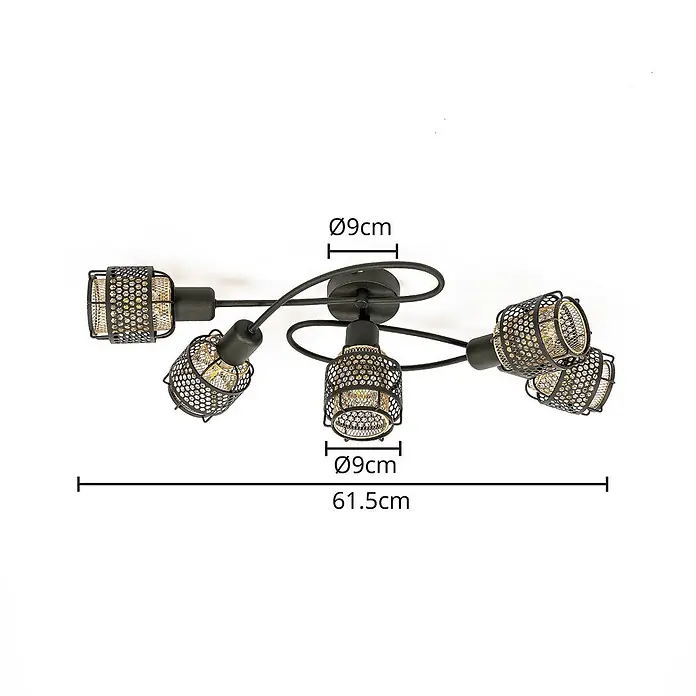 Lindby Deckenleuchte Eudoria - schwarz, schwarz, E14 - Schwarze Metall-Deckenleuchte mit fünf verstellbaren Strahlern, jeder mit Gitterkäfig, 61,5 cm lang.
