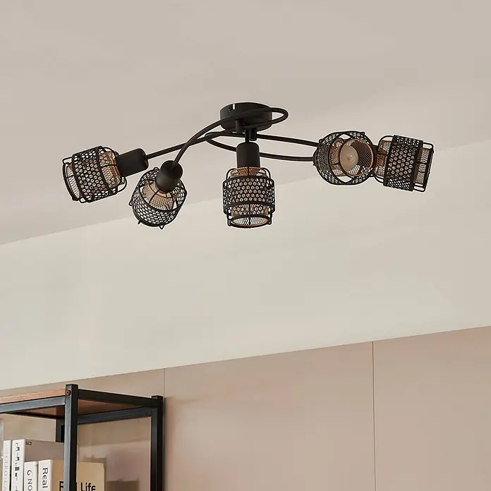 Lindby Deckenleuchte Eudoria - schwarz, schwarz, E14 - Schwarze Deckenleuchte mit sechs verstellbaren Spots, mit schwarzen Metallgittern und Kupfereinsätzen.