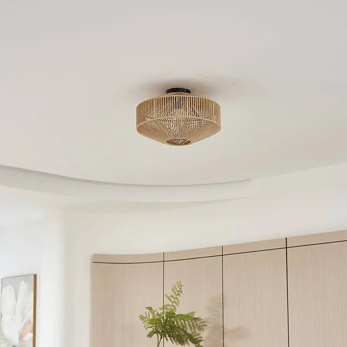 Lindby Deckenleuchte Sorino - Holz hell, E27 - Natürliche, geflochtene Deckenleuchte in warmem Braun, im Boho-Design.