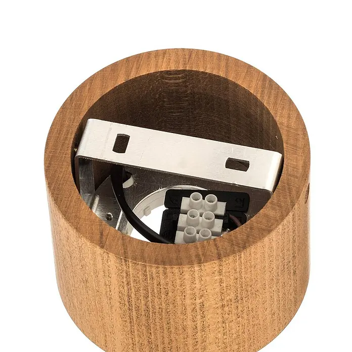 Envostar Deckenleuchte Ernest - Holz hell, 2GX53 - Innenansicht einer zylindrischen Holzleuchte mit Metallhalterung und elektrischen Anschlussklemmen.