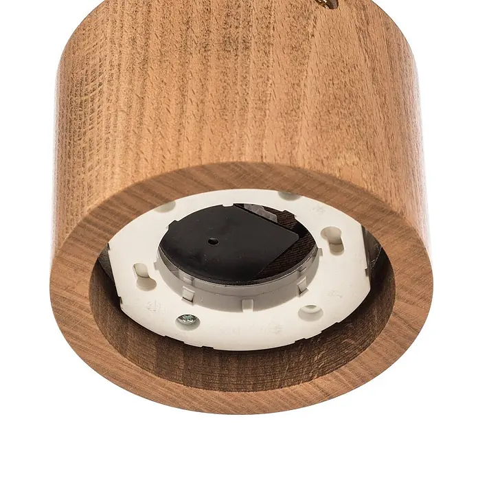 Envostar Deckenleuchte Ernest - Holz hell, 2GX53 - Zylindrische Leuchte aus hellem Holz von unten, mit weißer Montageplatte und schwarzem Elektroanschluss.