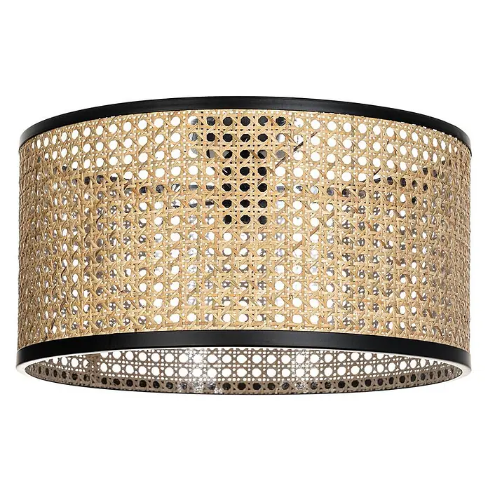 Lindby Deckenleuchte Yaelle - L x B x H: 40 x 40 x 22 cm, Holz hell, E27 - Trommelförmige Deckenleuchte aus natürlichem Rattan-Geflecht mit schwarzem Metallrand.