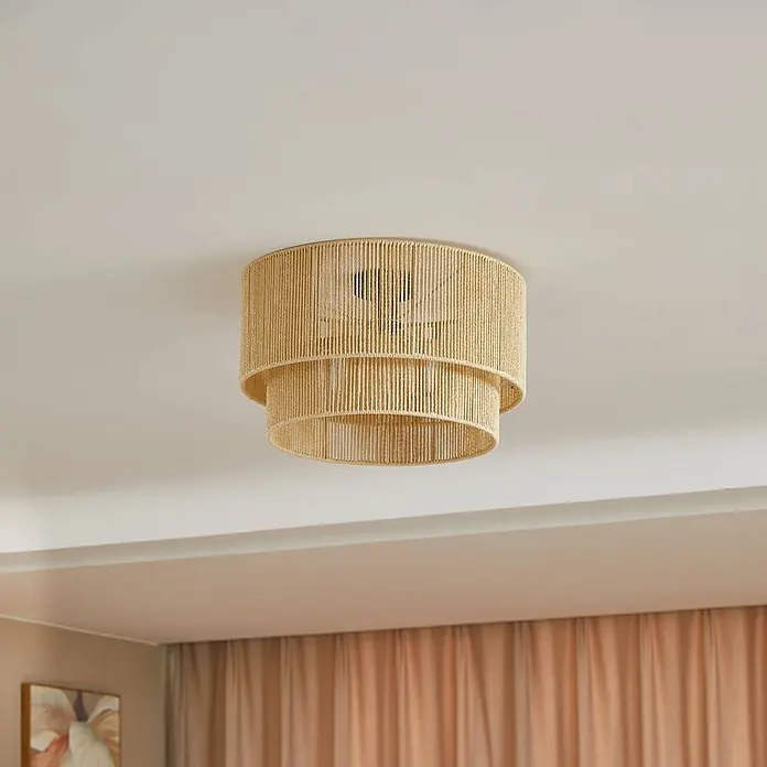 Lindby Deckenleuchte Anuva - Holz hell, E27 - Naturgewebte, zweistöckige zylindrische Deckenleuchte.