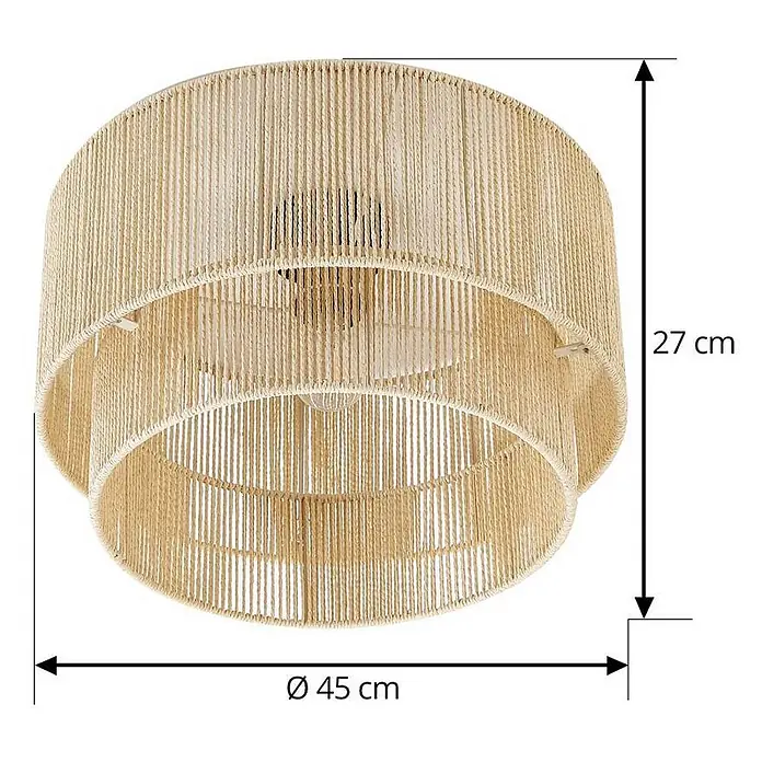Lindby Deckenleuchte Anuva - Holz hell, E27 - Runde Deckenleuchte mit zwei Schichten natürlicher Seilschirme, Ø 45 cm, H 27 cm.