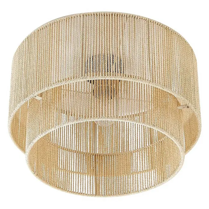Lindby Deckenleuchte Anuva - Holz hell, E27 - Zweistufige Deckenleuchte mit beigem geflochtenem Seil-Lampenschirm und sichtbarer Glühbirne.