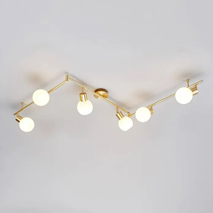 Lindby Deckenleuchte Elaina - messing / gold, E14 - Goldene moderne Deckenleuchte mit sieben kugelförmigen Lampen in Zickzack-Anordnung.