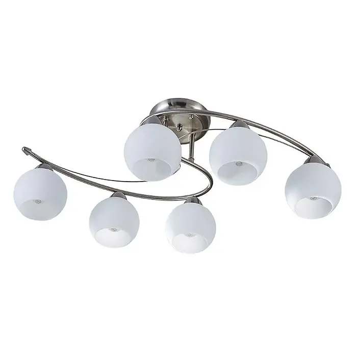 Lindby Deckenleuchte Svean - alu / grau / zink, E14 - Deckenleuchte mit sechs Milchglas-Schirmen und gebogenem Metallgestell in Nickeloptik.