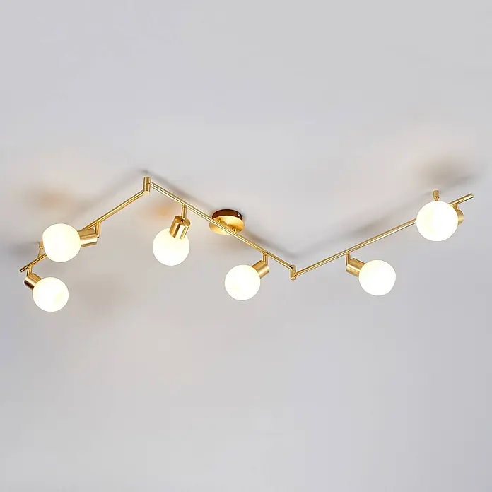 Lindby Deckenleuchte Elaina - messing / gold, E14 - Goldfarbene Deckenleuchte mit mehreren Armen im Zickzack-Design und sechs kugelförmigen weißen Glühbirnen.