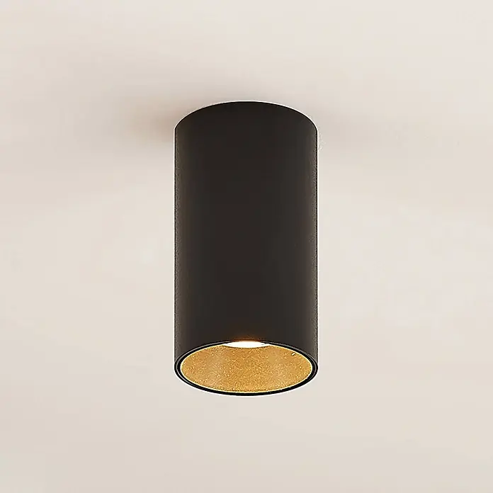 Arcchio Deckenleuchte Brinja - L x B x H: 6 x 6 x 10,5 cm, schwarz, schwarz, GU10 - Schwarze zylindrische Deckenleuchte mit goldenem Inneren, die warmes Licht abgibt.