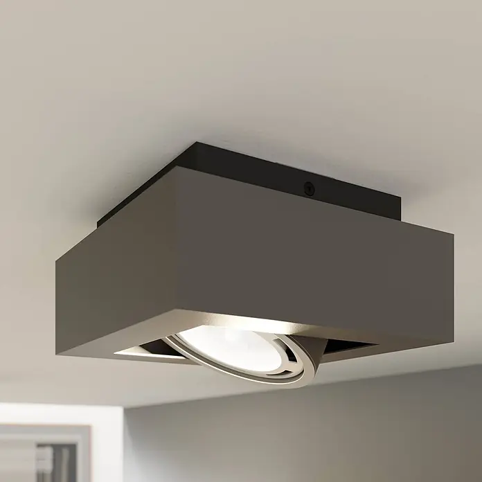 Arcchio Deckenleuchte Ronka - schwarz, schwarz, GU10 - Dunkelgraue quadratische Deckenleuchte mit schwarzem Sockel und verstellbarem silbernem Strahler.