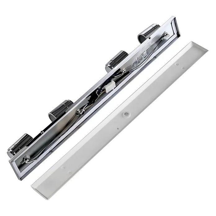 Lindby Deckenleuchte Dejan - chrom / silber, chrom / silber, GU10 - Chromfarbene lineare Leuchte mit vier Strahlern und abgenommener weißer Abdeckung, interne Verkabelung sichtbar.