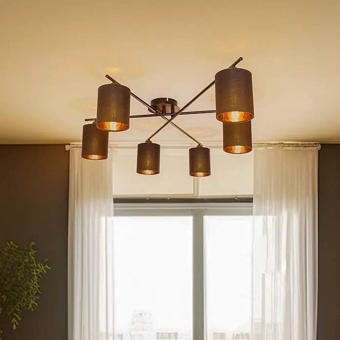 Lindby Deckenleuchte Pellinora - L x B x H: 110 x 40 x 19,5 cm, schwarz, E14 - Moderne Deckenleuchte mit schwarzen Metallarmen und sechs dunklen Textilschirmen mit Goldinnenseite, die warmes Licht spendet.