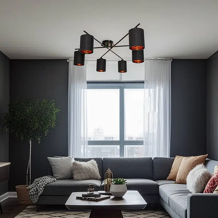 Lindby Deckenleuchte Pellinora - L x B x H: 110 x 40 x 19,5 cm, schwarz, E14 - Schwarze 5-flammige Deckenleuchte mit zylindrischen Stoffschirmen und orangefarbenem Innenbereich für modernes Wohnzimmer.