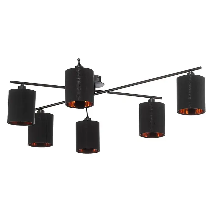 Lindby Deckenleuchte Pellinora - L x B x H: 110 x 40 x 19,5 cm, schwarz, E14 - Schwarze Deckenleuchte mit sechs zylindrischen Stoffschirmen, jeweils mit warmem Kupfer-Interieur, an einem Metallrahmen.