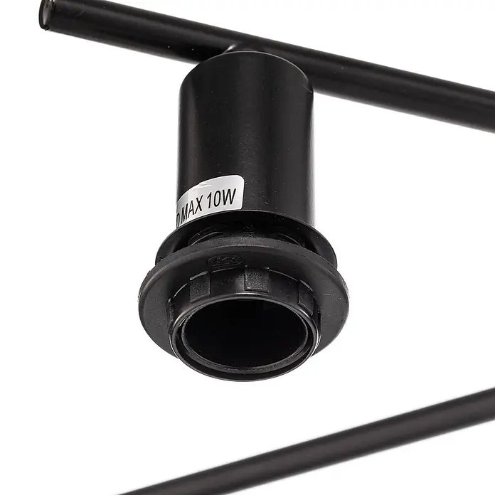 Lindby Deckenleuchte Pellinora - L x B x H: 110 x 40 x 19,5 cm, schwarz, E14 - Nahaufnahme einer schwarzen Lampenfassung mit „MAX 10W“-Etikett, integriert in eine schwarze Metallleuchte.