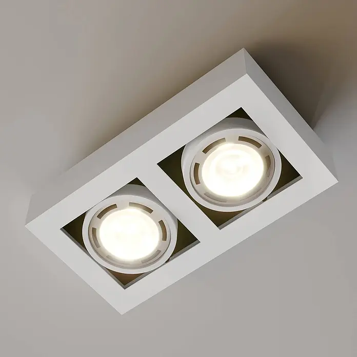 Arcchio Deckenleuchte Ronka - weiß / opal, weiß / opal, GU10 - Weiße, rechteckige Einbauleuchte für die Decke mit zwei verstellbaren Strahlern, die warmes Licht abgeben.