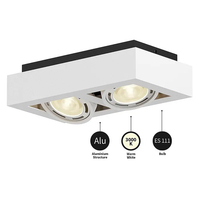 Arcchio Deckenleuchte Ronka - weiß / opal, weiß / opal, GU10 - Weiß-schwarzer rechteckiger Aufbau-Doppelstrahler mit verstellbarem warmweißem (3000K) Licht.