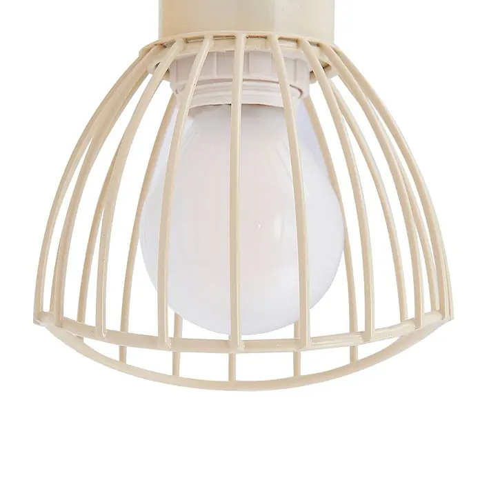 Lindby Deckenleuchte Piena - creme / amber, creme / amber, E14 - Cremefarbene Deckenleuchte mit einer weißen Glühbirne, umgeben von einem Metallkäfig.