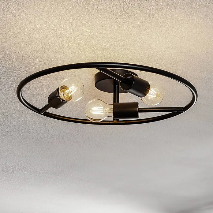Lucande Deckenleuchte Linnard - L x B x H: 45 x 45 x 15,5 cm, schwarz, E27 - Ovale Deckenleuchte aus schwarzem Metall mit drei sichtbaren Filament-LED-Leuchtmitteln.