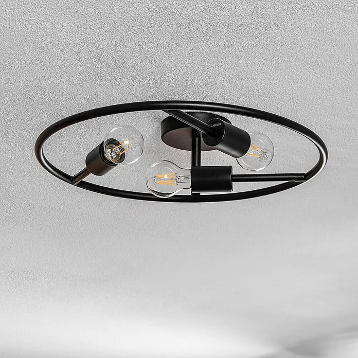 Lucande Deckenleuchte Linnard - L x B x H: 45 x 45 x 15,5 cm, schwarz, E27 - Schwarze ovale Deckenleuchte aus Metall mit drei sichtbaren LED-Glühbirnen.