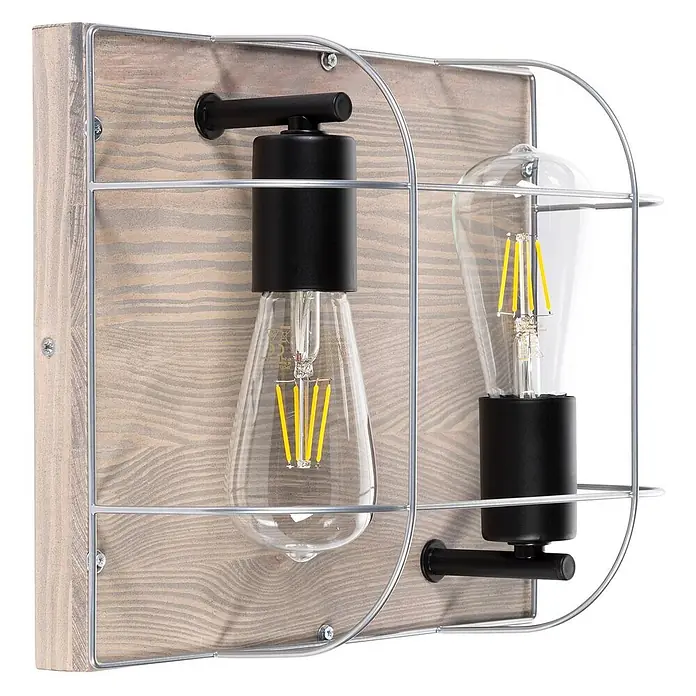 Envostar Deckenleuchte Neptuna - L x B x H: 30 x 30 x 14 cm, Holz hell, alu / grau / zink, E27 - Industrielle Wandleuchte mit zwei LED-Glühlampen, schwarzen Fassungen, auf hellgrauem Holzbrett, umgeben von silbernem Drahtkäfig.