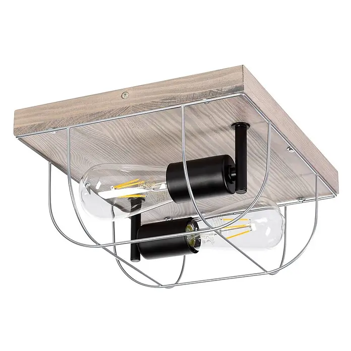 Envostar Deckenleuchte Neptuna - L x B x H: 30 x 30 x 14 cm, Holz hell, alu / grau / zink, E27 - Industrie-Deckenleuchte mit hellem Holzsockel, silbernem Metallkäfig und zwei schwarzen Fassungen mit sichtbaren LED-Glühbirnen.