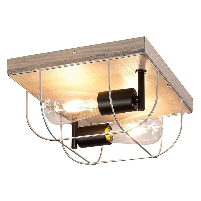 Envostar Deckenleuchte Neptuna - L x B x H: 30 x 30 x 14 cm, Holz hell, alu / grau / zink, E27 - Industrielle Deckenleuchte mit hellem Holzsockel, silbernem Metallkäfig und zwei sichtbaren Edison-Glühbirnen.