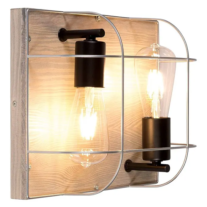 Envostar Deckenleuchte Neptuna - L x B x H: 30 x 30 x 14 cm, Holz hell, alu / grau / zink, E27 - Industrielle Wandleuchte mit zwei sichtbaren Edison-Glühbirnen, heller Holzrückwand, schwarzen Fassungen und einem silbernen Metallschutzgitter.