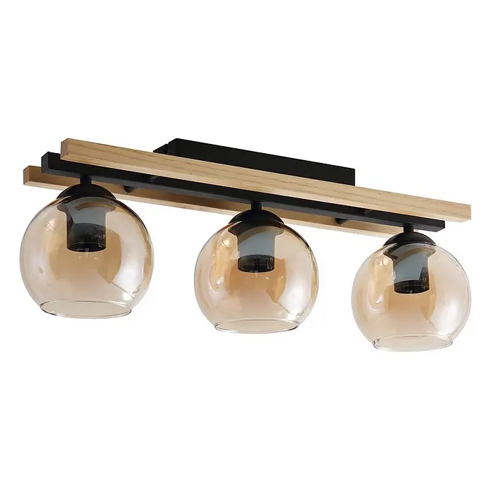 Lindby Deckenleuchte Enrique - schwarz, creme / amber, E27 - Deckenleuchte mit drei bernsteinfarbenen Glaskugeln, einem schwarzen Metallrahmen und natürlichen Holzdetails.