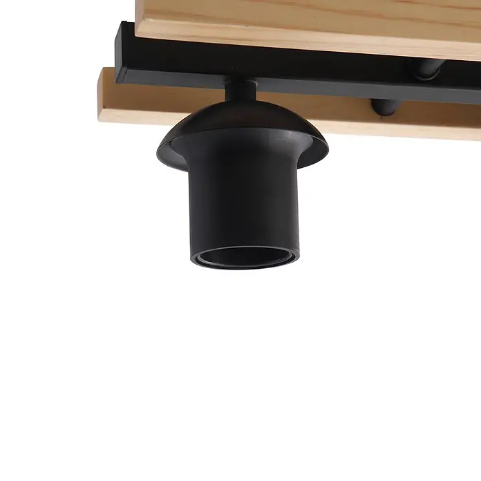 Lindby Deckenleuchte Enrique - schwarz, creme / amber, E27 - Schwarzer Metall-Strahlerkopf und -Schiene an einer Holz-Deckenleuchte.