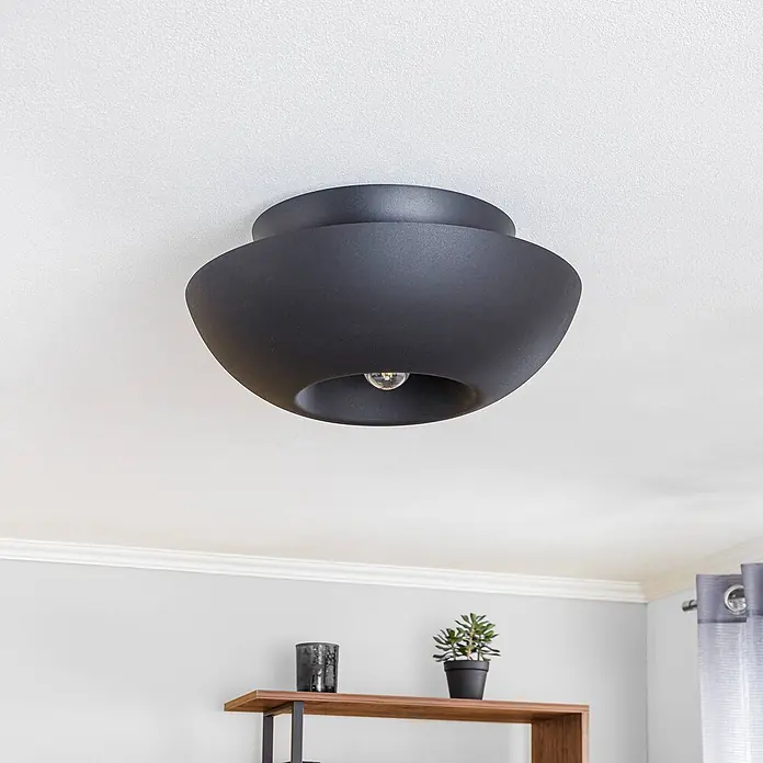 Lucande Deckenleuchte Kellina - L x B x H: 48 x 48 x 22 cm, schwarz, schwarz, E27 - Mattschwarze, moderne schalenförmige Deckenleuchte bündig montiert.