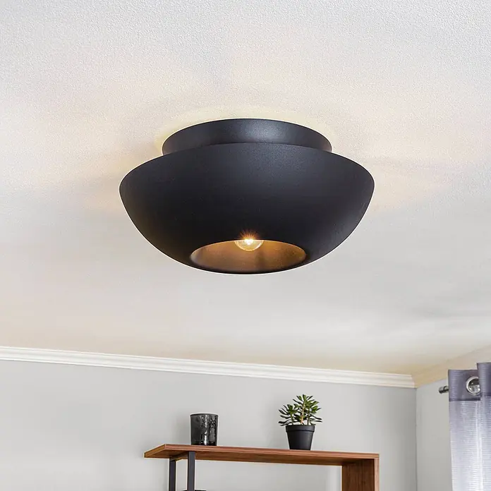 Lucande Deckenleuchte Kellina - L x B x H: 48 x 48 x 22 cm, schwarz, schwarz, E27 - Schwarze, schalenförmige Deckenleuchte mit goldener Innenseite.