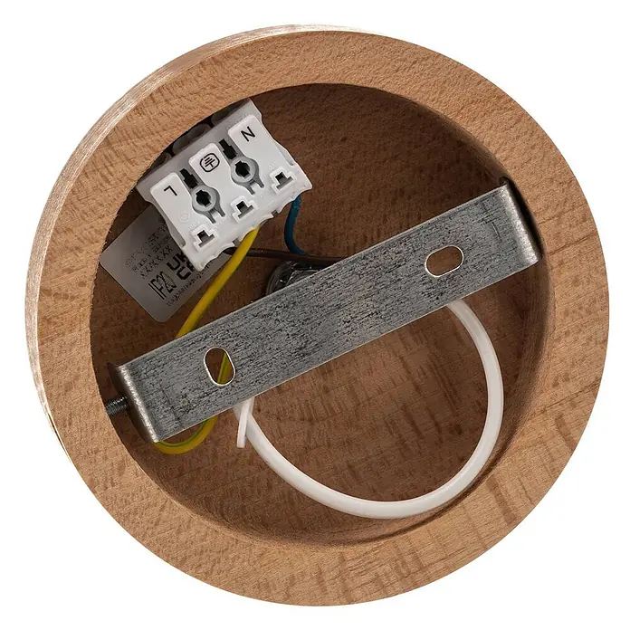 Envostar Deckenleuchte Esan - Holz hell, E27 - Inneres eines runden Holzleuchtenfußes mit elektrischem Verbinder, Kabeln und Metallhalterung.